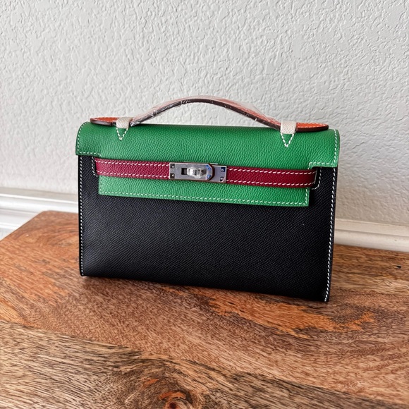 LEATHER INSIDE & OUT Black Red Green Colorblock Epsom 22 KL Pochette Bag S16 - Picture 3 of 13